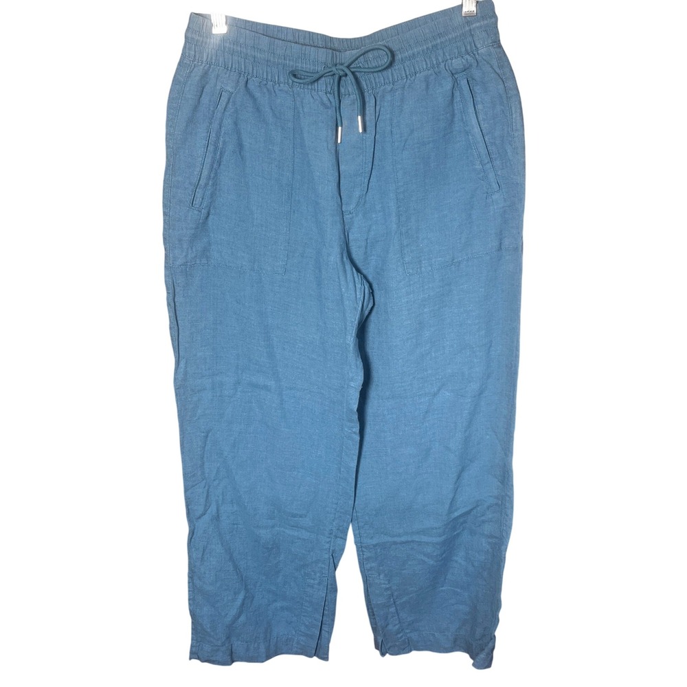 Athleta Women 8 Blue Teal 100% Linen Wide Leg Drawstring Pants Casual Travel